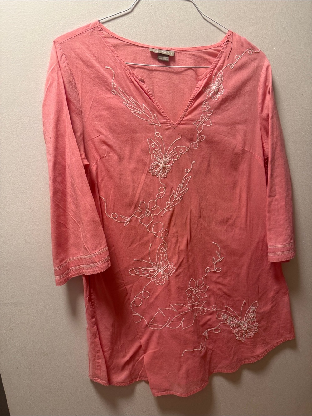Embroidered V-Neck Coral Tunic and swim coverup Women's Lightweight Top